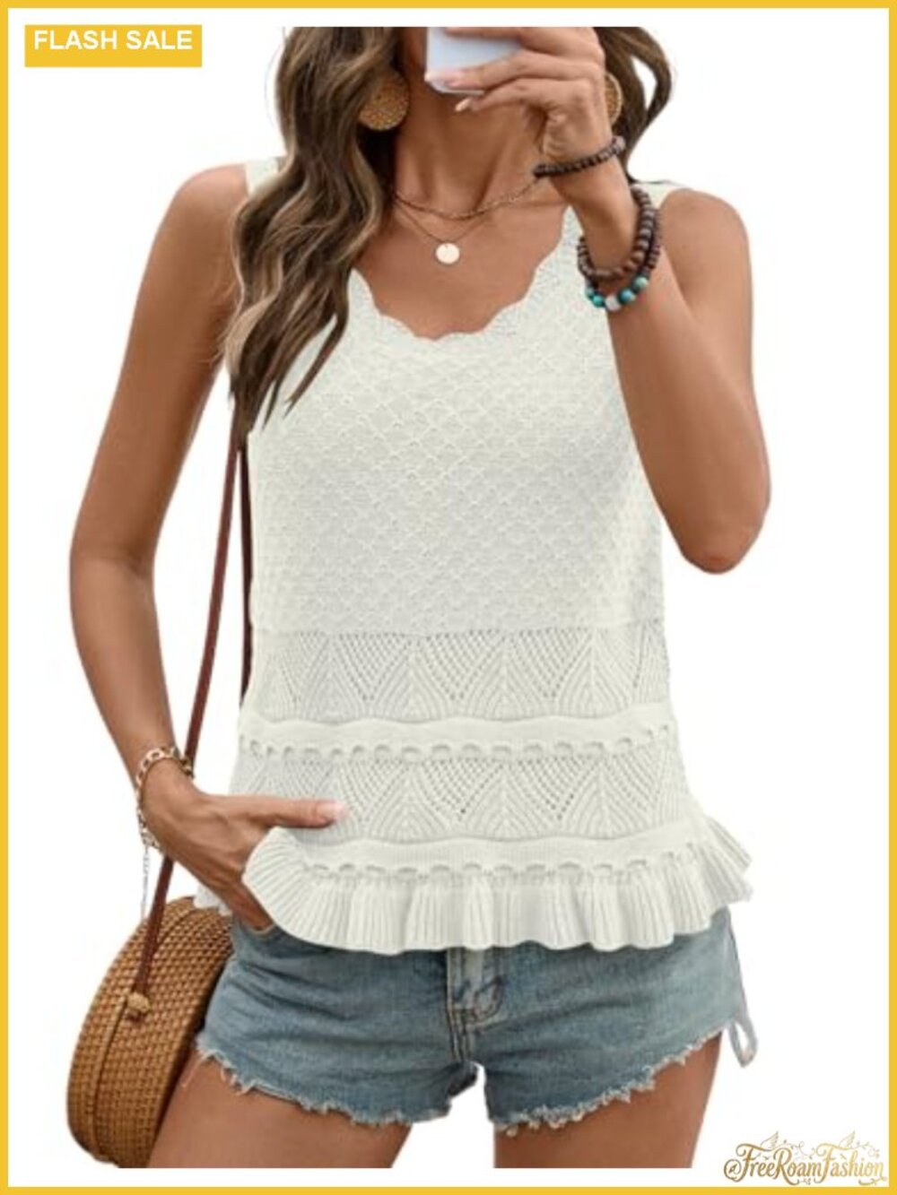 Boho Crochet Sweater Vest Sleeveless Tank Top Cotton Knit Womens